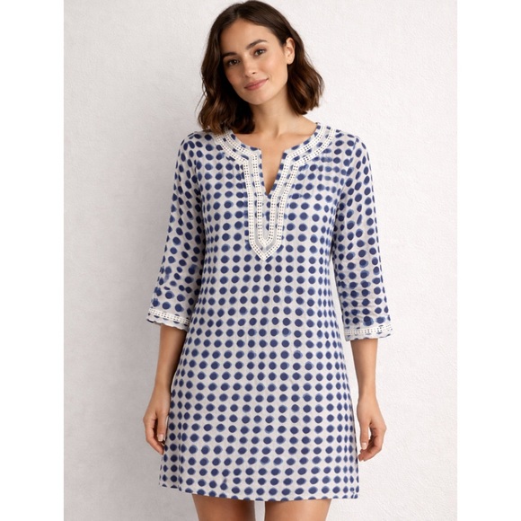 Boden Dresses & Skirts - Boden Blue and White Polka Dot Tunic Dress with Embroidered Neckline